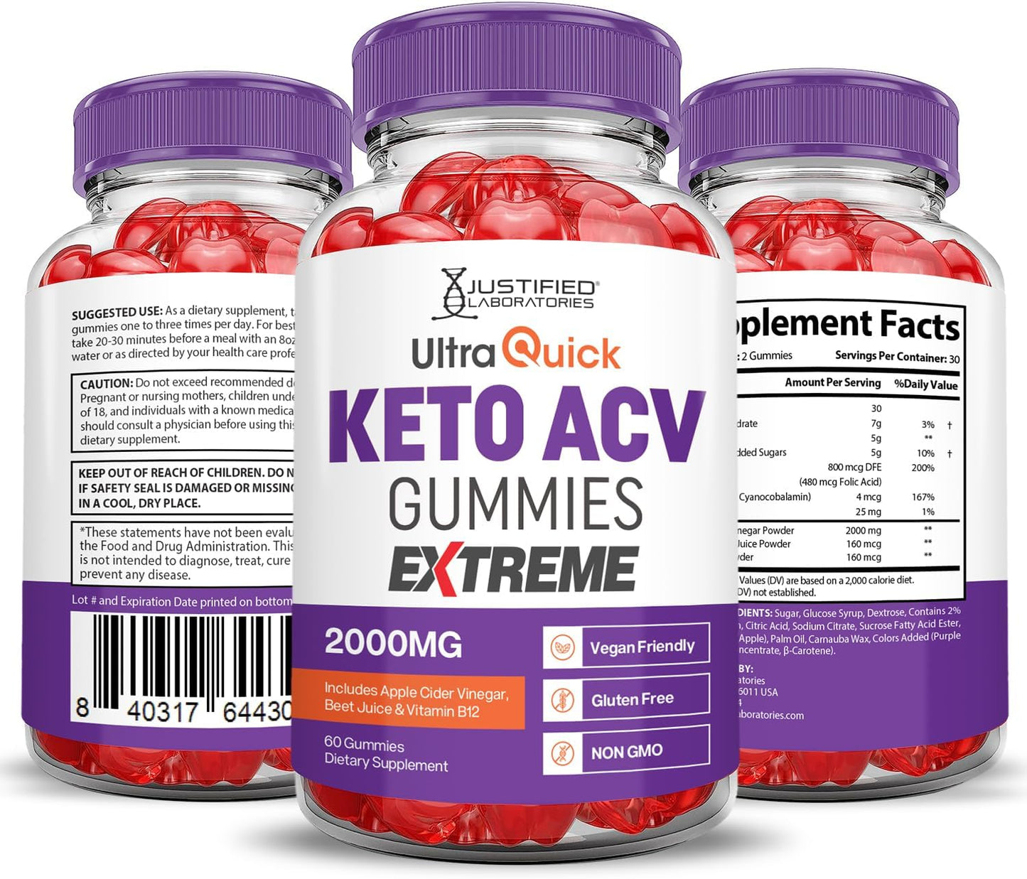 Ultra Quick Keto ACV Gummies (5 Pack) - 2000MG Extreme Formula with Pomegranate Beet Juice Powder - Vegan Non GMO - 300 Gummies