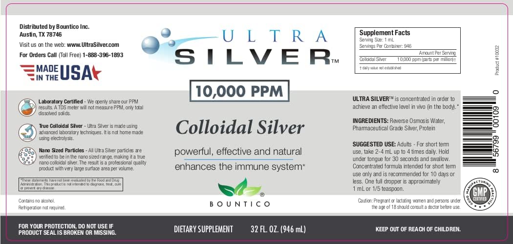 Ultra Silver® Colloidal Silver 10,000 PPM 32 Oz Mineral Supplement - True Colloidal Silver - Dispensing Dropper Bottle