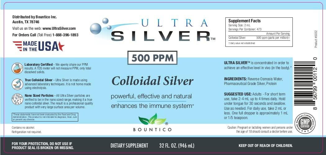 Ultra Silver® Colloidal Silver 500 PPM 32 Oz Mineral Supplement with 4 oz Dropper Bottle for Dispensing