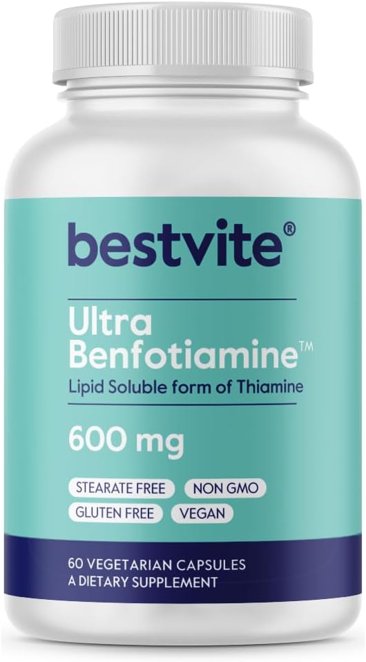 Ultra Strength Benfotiamine 600mg Capsules (60 ct) - Vegan, Non-GMO, Gluten-Free - No Stearates or Silicon Dioxide
