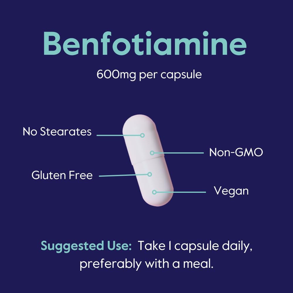 Ultra Strength Benfotiamine 600mg Capsules (60 ct) - Vegan, Non-GMO, Gluten-Free - No Stearates or Silicon Dioxide