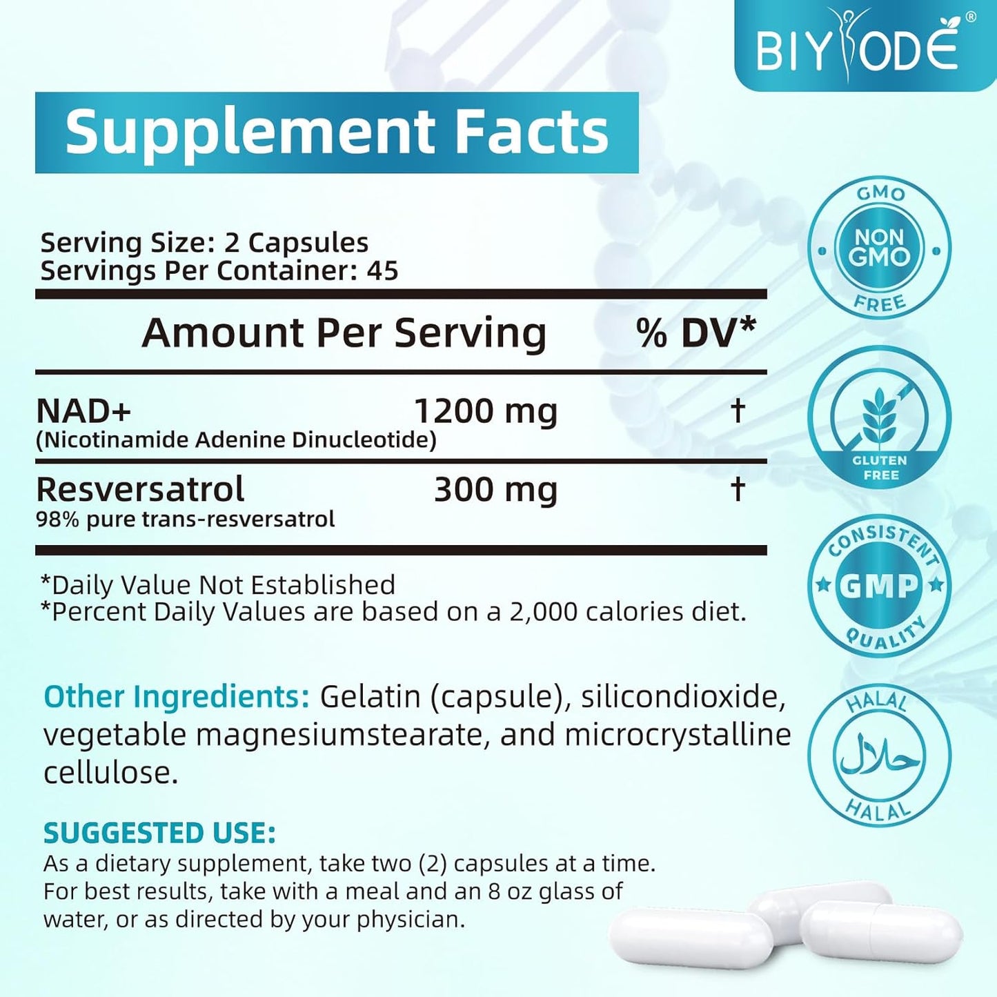 Ultra Strength BIYODE NAD+ Capsules Supplement for Cellular Health and Healthy Aging - 1500mg NAD Plus, 90 Capsules