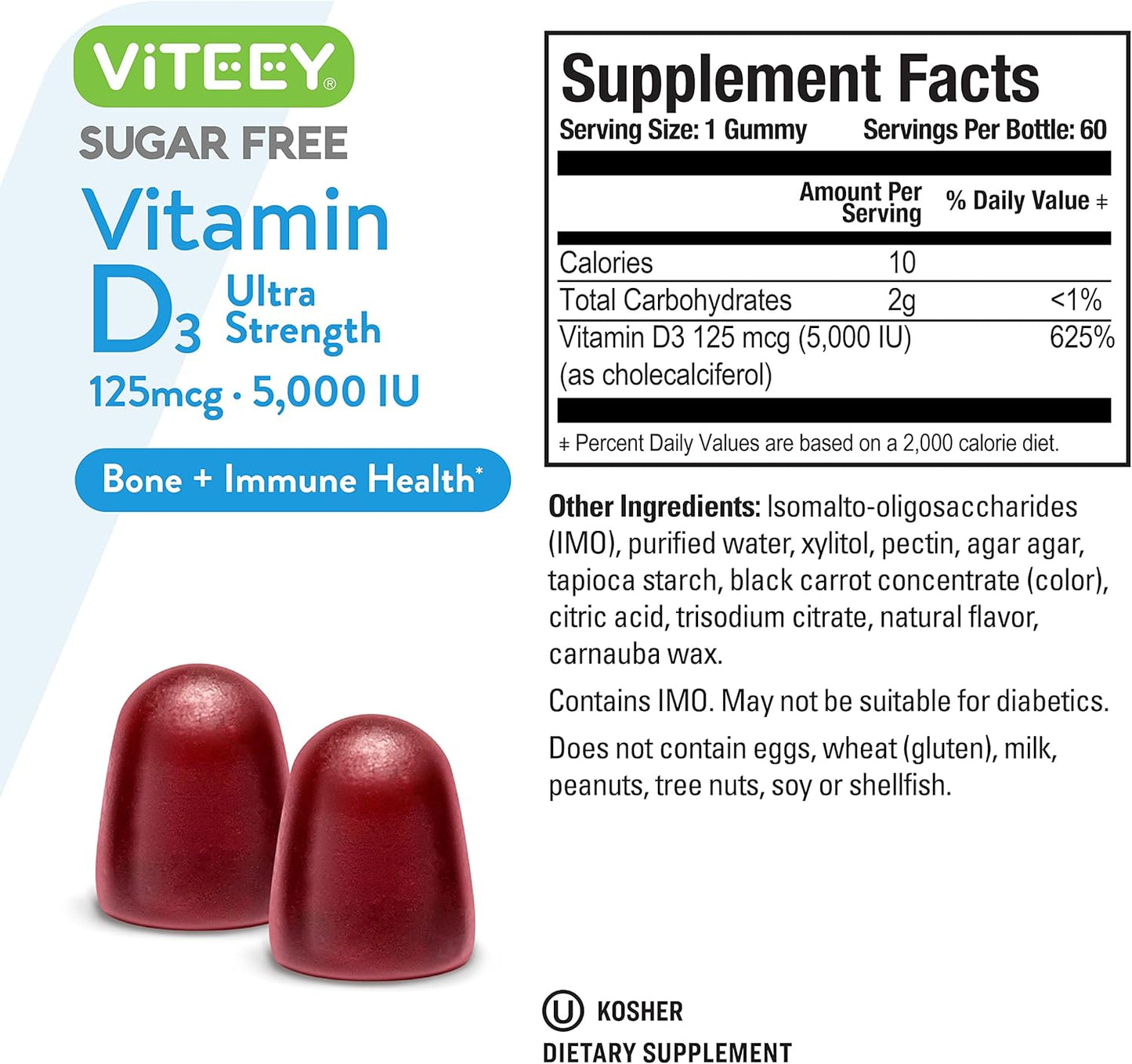 Ultra Strength Vitamin D3 Gummies for Adults & Teens - 5,000 IU, 125mcg - Sugar Free, Bone Health, Immune Boost - Vegetarian Berry Gummy