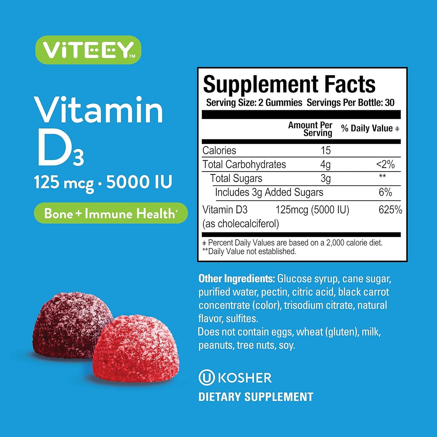 Ultra Strength Vitamin D3 Gummies for Adults & Teens - 5,000 IU, 125mcg - Immune & Muscle Support - Vegetarian Berry Flavored Gummy