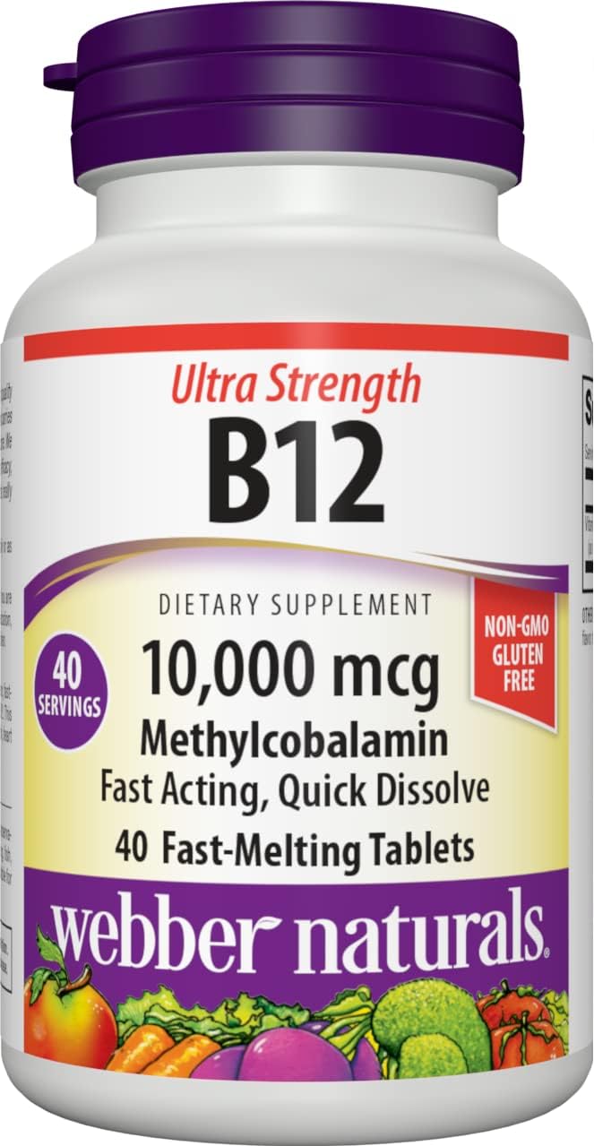 Ultra Strength Webber Naturals Vitamin B12 10,000 mcg Fast-Melting Tablets for Energy, Heart & Immune Health - 40 Count Vegan Gluten-Free Non-GMO