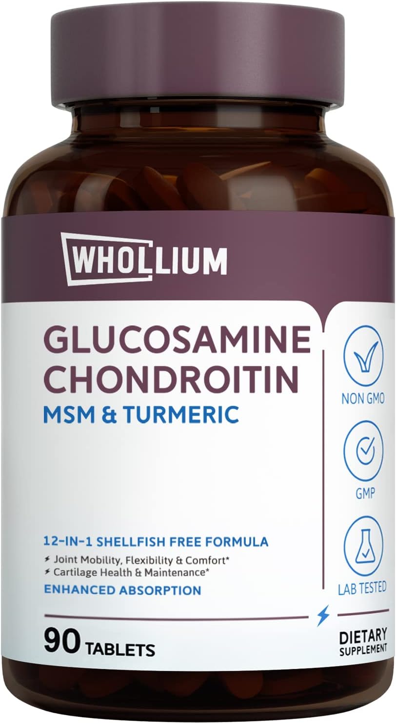 Ultra Strength Whollium Glucosamine Chondroitin Tablets - 1500mg Glucosamine HCl for Joint Health, Flexibility & Strength - Non-GMO, Shellfish-Free - 90 Tablets