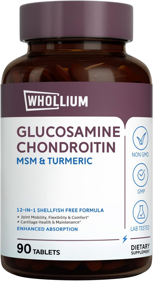 Ultra Strength Whollium Glucosamine Chondroitin Tablets - 1500mg Glucosamine HCl for Joint Health, Flexibility & Strength - Non-GMO, Shellfish-Free - 90 Tablets