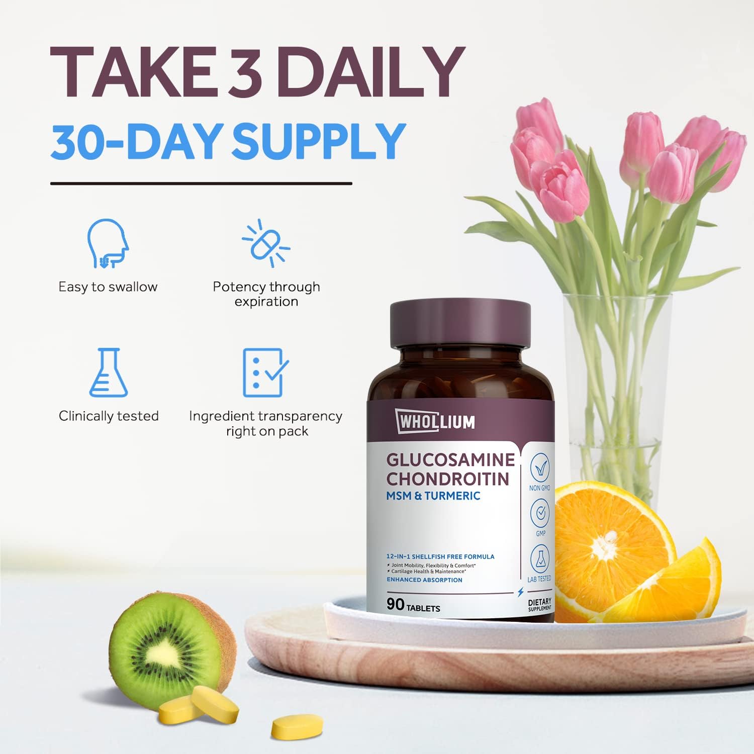 Ultra Strength Whollium Glucosamine Chondroitin Tablets - 1500mg Glucosamine HCl for Joint Health, Flexibility & Strength - Non-GMO, Shellfish-Free - 90 Tablets