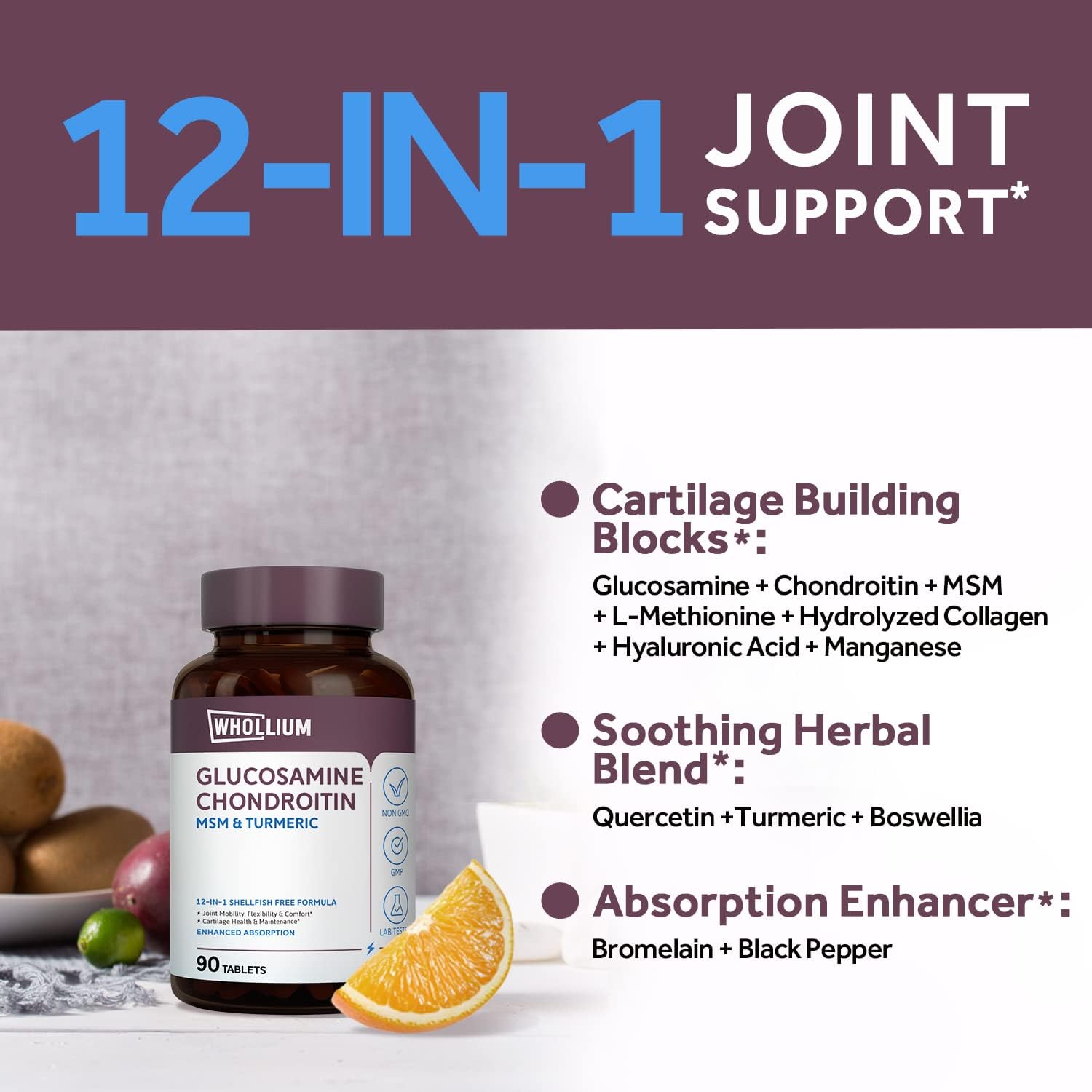 Ultra Strength Whollium Glucosamine Chondroitin Tablets - 1500mg Glucosamine HCl for Joint Health, Flexibility & Strength - Non-GMO, Shellfish-Free - 90 Tablets