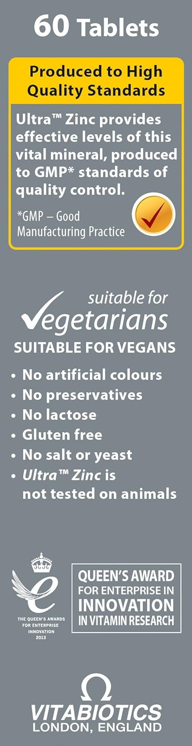 Ultra Vitabiotics Zinc with Copper 15mg - 60 Tablets for Immune Support & Overall Health
