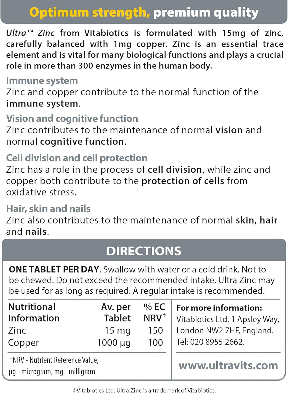 Ultra Vitabiotics Zinc with Copper 15mg - 60 Tablets for Immune Support & Overall Health