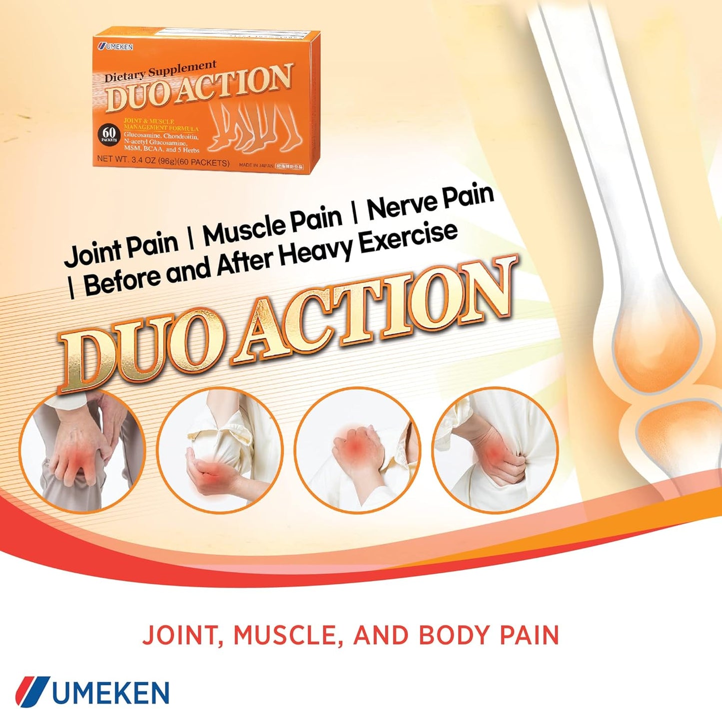 Umeken Duo Action Supplements with MSM, BCAA, Chondroitin & Glucosamine - 60 Packets, 1 Month Supply
