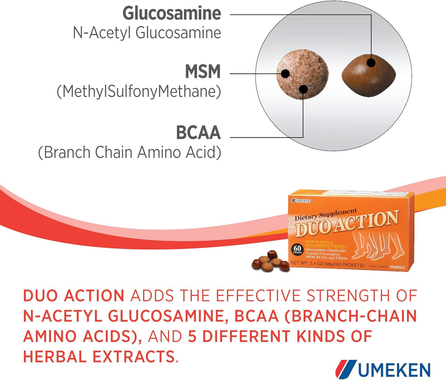 Umeken Duo Action Supplements with MSM, BCAA, Chondroitin & Glucosamine - 60 Packets, 1 Month Supply