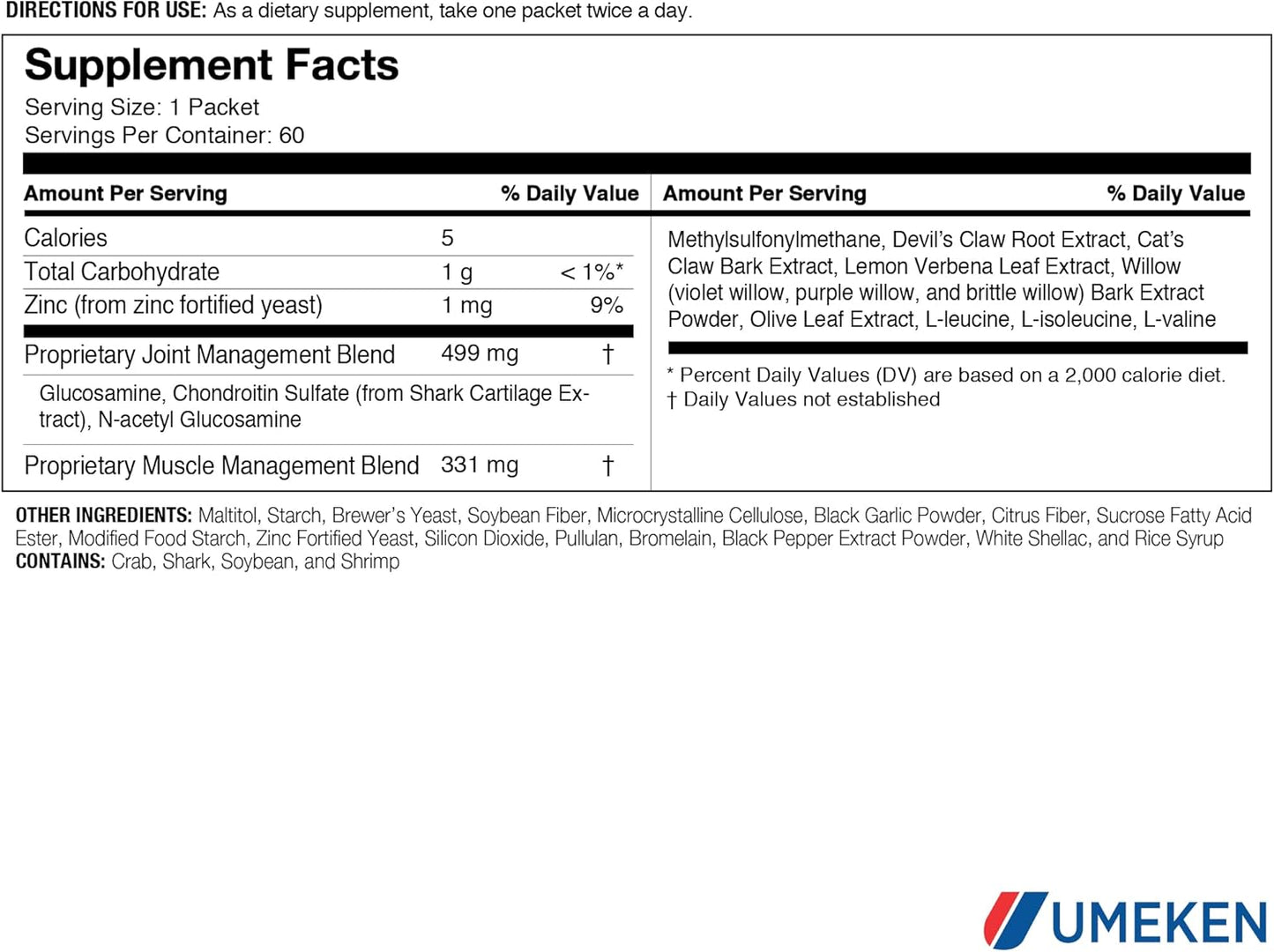 Umeken Duo Action Supplements with MSM, BCAA, Chondroitin & Glucosamine - 60 Packets, 1 Month Supply