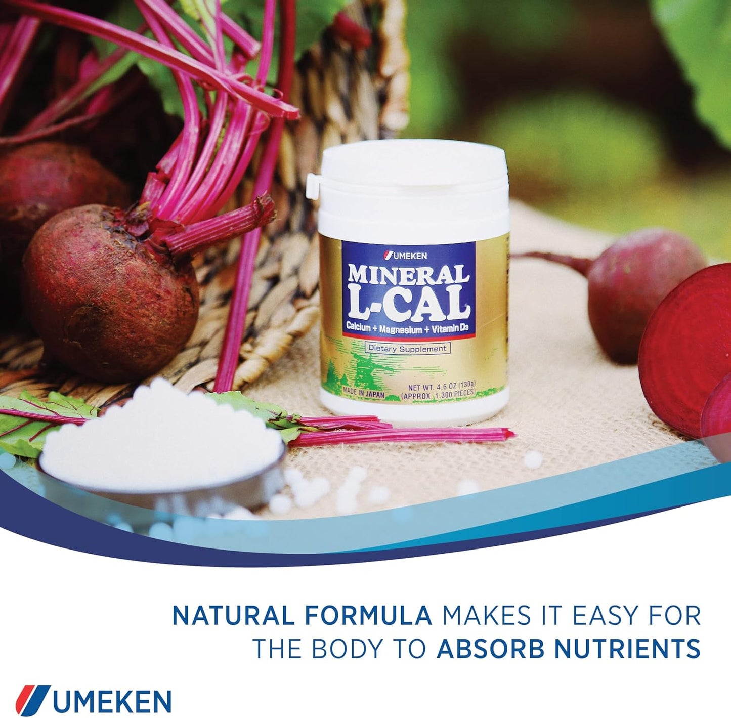 Umeken Mineral L-Cal: Water Soluble Calcium Magnesium D3 Supplement Balls with Vitamin D3, Magnesium, and Minerals, Fast Absorbing, 1,300 Balls x 2 Bottles, 130g