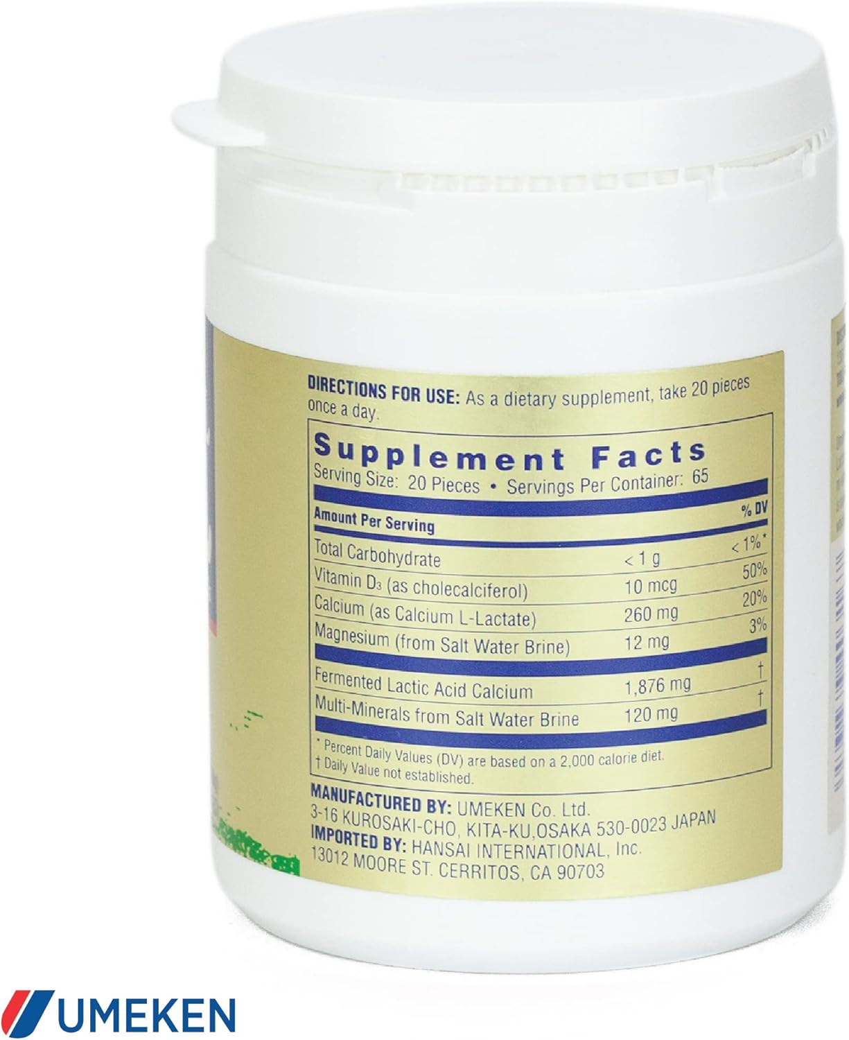 Umeken Mineral L-Cal: Water Soluble Calcium Magnesium D3 Supplement Balls with Vitamin D3, Magnesium, and Minerals, Fast Absorbing, 1,300 Balls x 2 Bottles, 130g