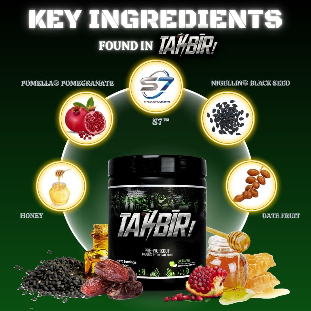 Ummah Labs TAKBIR! Halal Pre-Workout - Sour Apple Flavor, 40/20 Servings