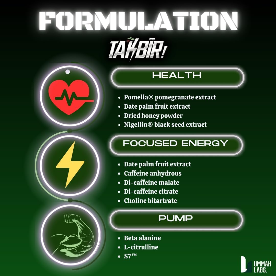 Ummah Labs TAKBIR! Halal Pre-Workout - Sour Apple Flavor, 40/20 Servings