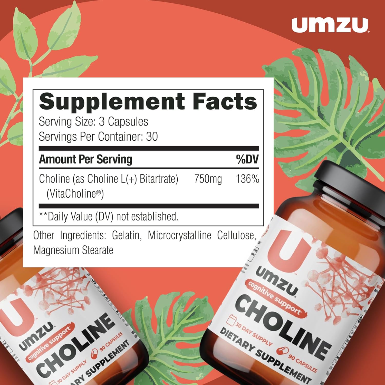 UMZU Choline Supplement - Boost Cognitive Function, Hormone Balance & Liver Health - Acetylcholine Enhancer for Focus, Memory & Metabolism - 30 Day Supply (90 Capsules)