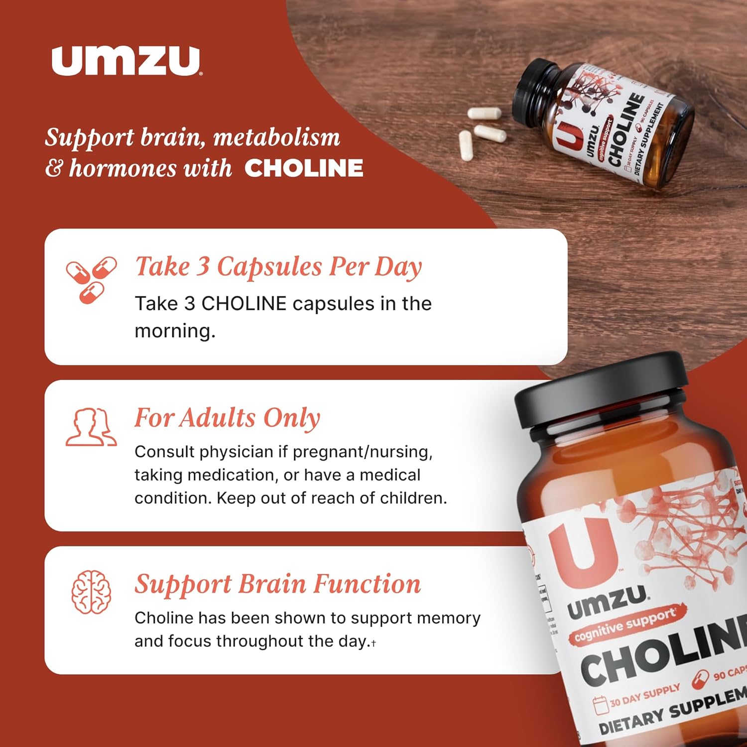 UMZU Choline Supplement - Boost Cognitive Function, Hormone Balance & Liver Health - Acetylcholine Enhancer for Focus, Memory & Metabolism - 30 Day Supply (90 Capsules)