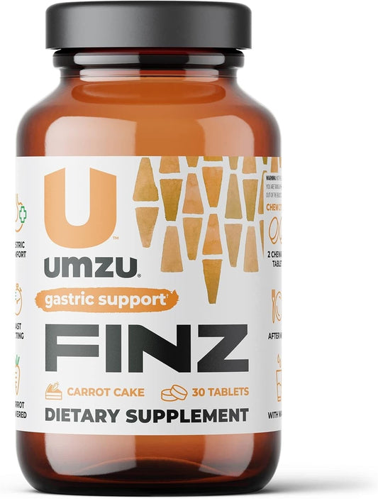 UMZU Finz Natural Gastric Comfort Supplement | Heartburn Relief with Carrot Root, Calcium & Sodium Alginate for Balanced pH | Fast-Acting Formula | Carrot Cake Flavor | 20 Tablets