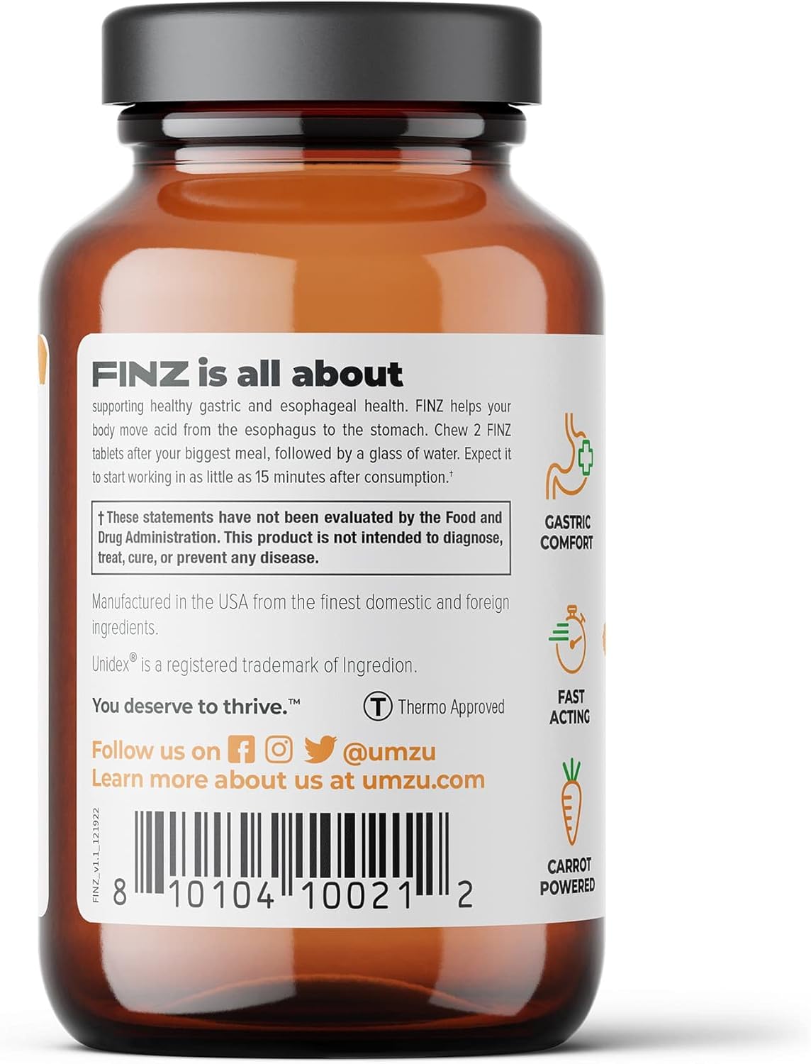 UMZU Finz Natural Gastric Comfort Supplement | Heartburn Relief with Carrot Root, Calcium & Sodium Alginate for Balanced pH | Fast-Acting Formula | Carrot Cake Flavor | 20 Tablets