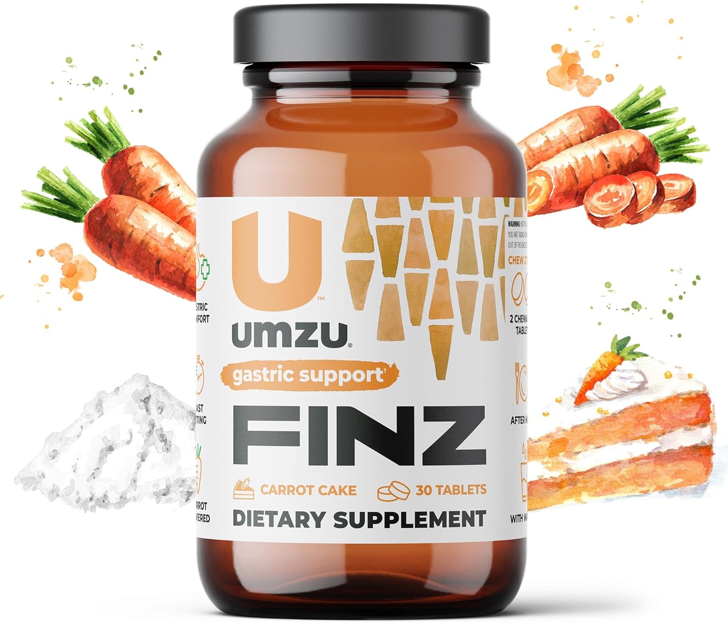 UMZU Finz Natural Gastric Comfort Supplement | Heartburn Relief with Carrot Root, Calcium & Sodium Alginate for Balanced pH | Fast-Acting Formula | Carrot Cake Flavor | 20 Tablets