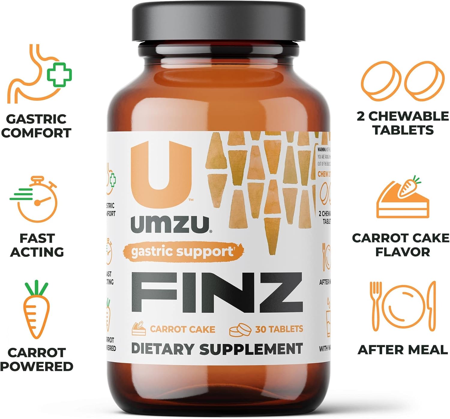 UMZU Finz Natural Gastric Comfort Supplement | Heartburn Relief with Carrot Root, Calcium & Sodium Alginate for Balanced pH | Fast-Acting Formula | Carrot Cake Flavor | 20 Tablets