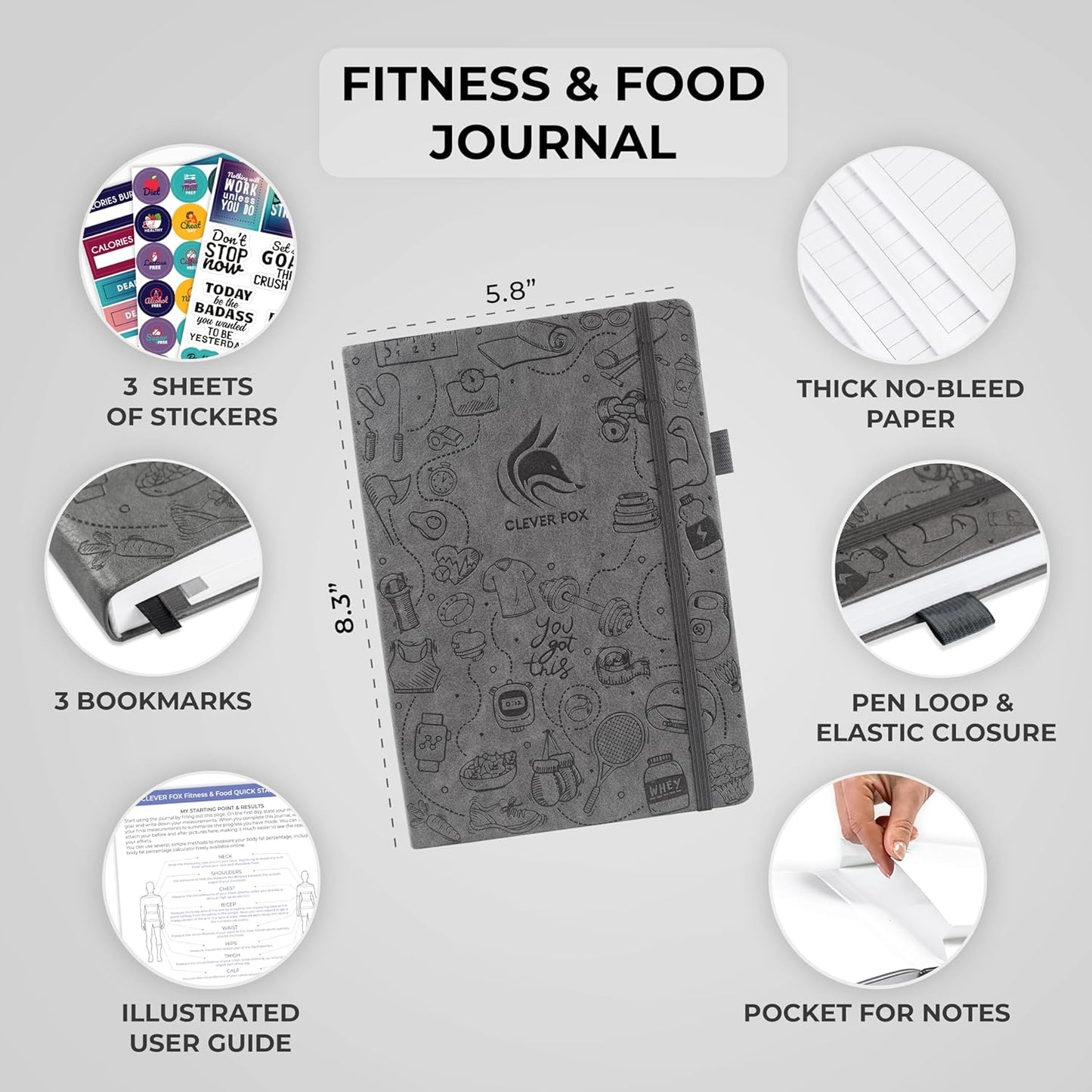 Undated Nutrition & Workout Planner for Women & Men - Clever Fox Fitness Journal - Diet & Gym Exercise Log Book - A5 Size, Hardcover - Grey