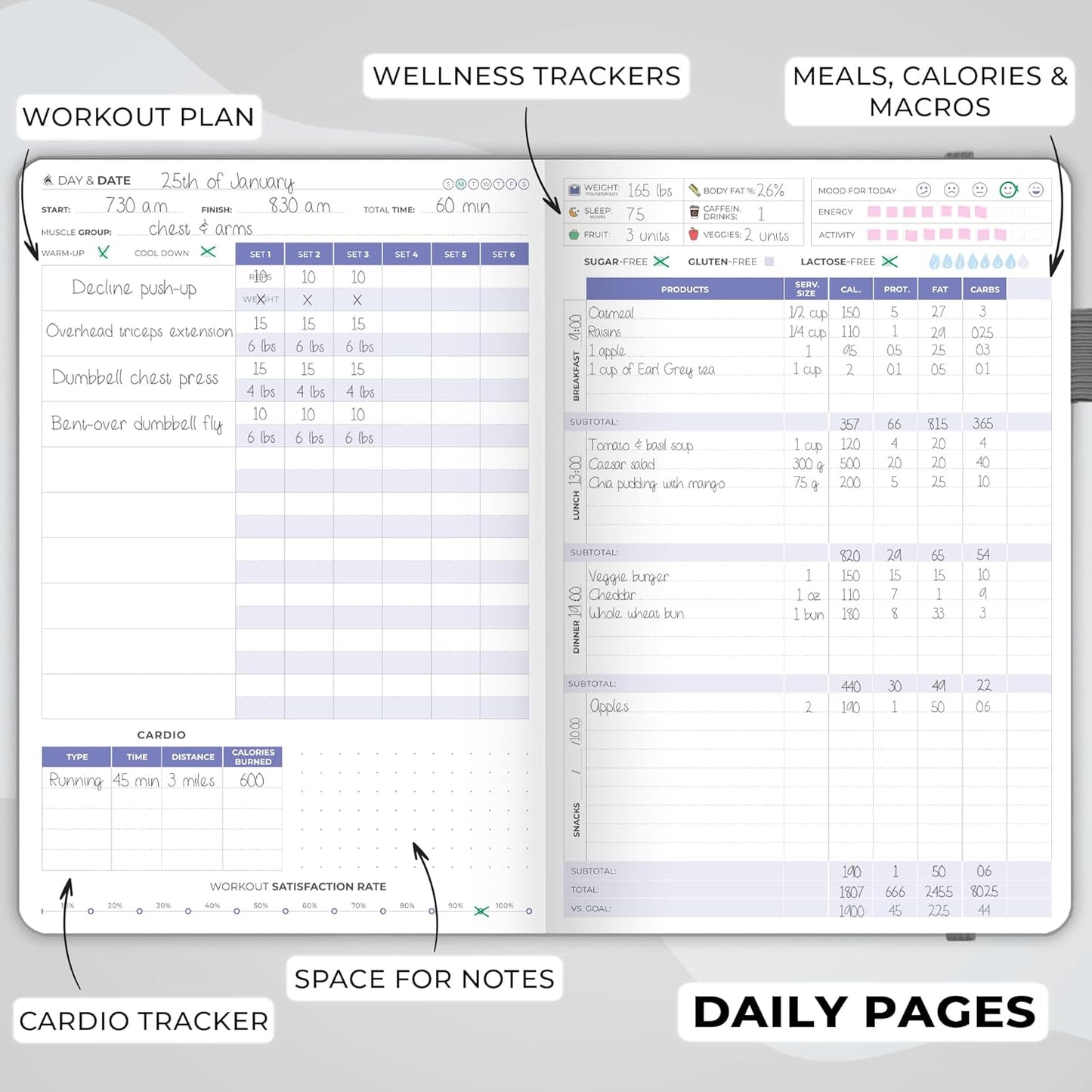Undated Nutrition & Workout Planner for Women & Men - Clever Fox Fitness Journal - Diet & Gym Exercise Log Book - A5 Size, Hardcover - Grey