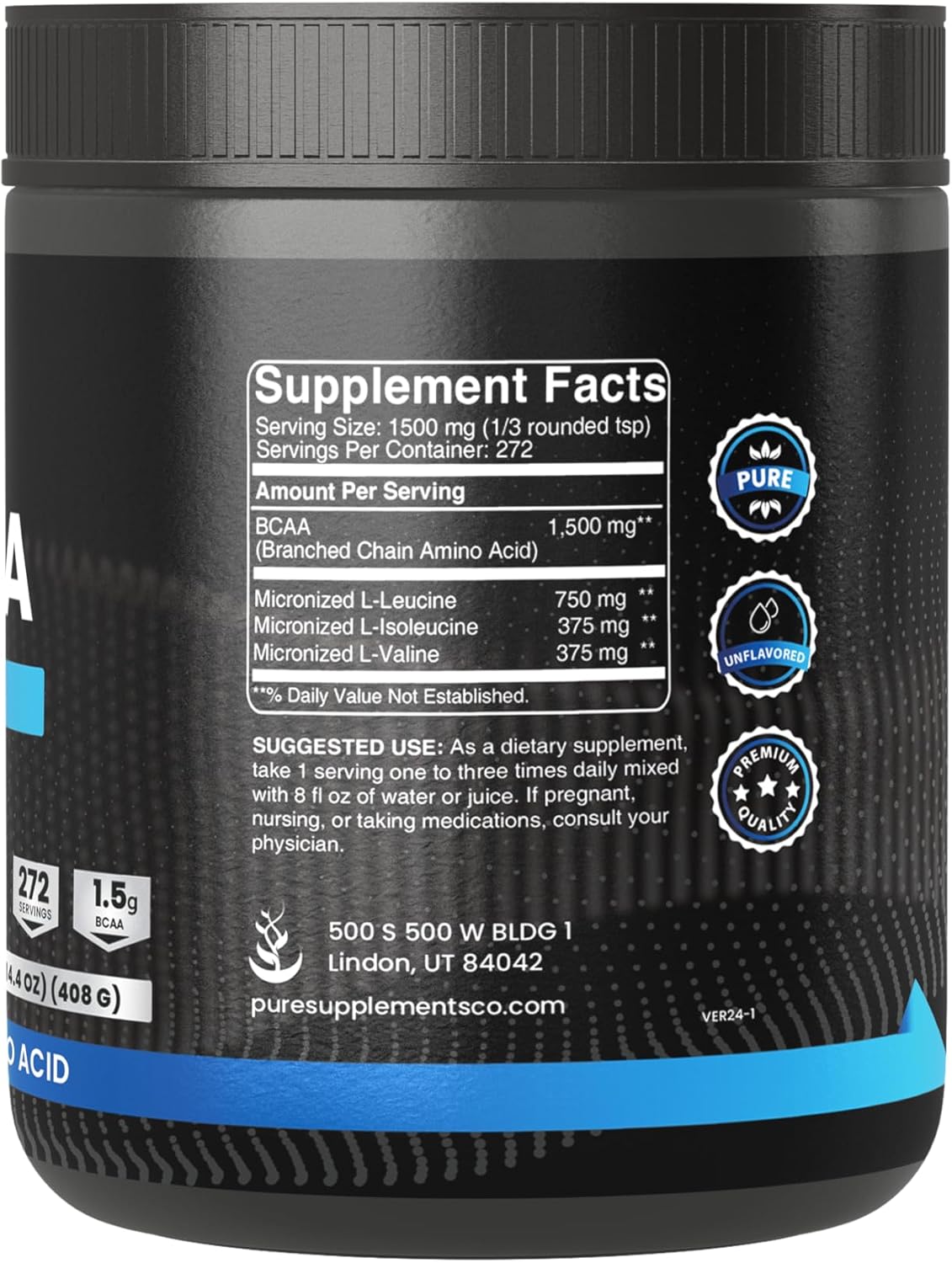 Unflavored BCAA Powder, 2:1 Ratio, 14.4 oz, 272 Servings, Pure Ingredients, No Additives