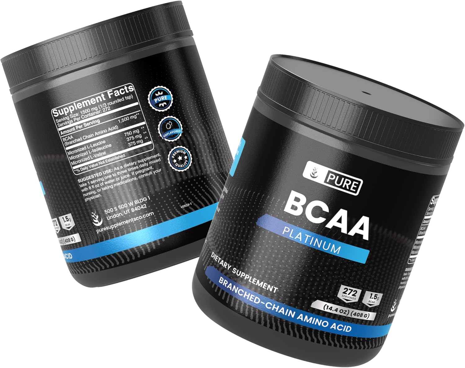 Unflavored BCAA Powder, 2:1 Ratio, 14.4 oz, 272 Servings, Pure Ingredients, No Additives