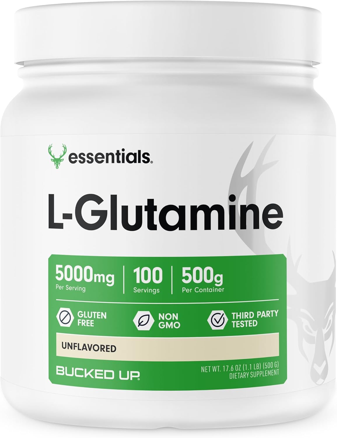 Unflavored Bucked Up L-Glutamine Powder - 500g, Gluten-Free, Non-GMO (100 Servings)