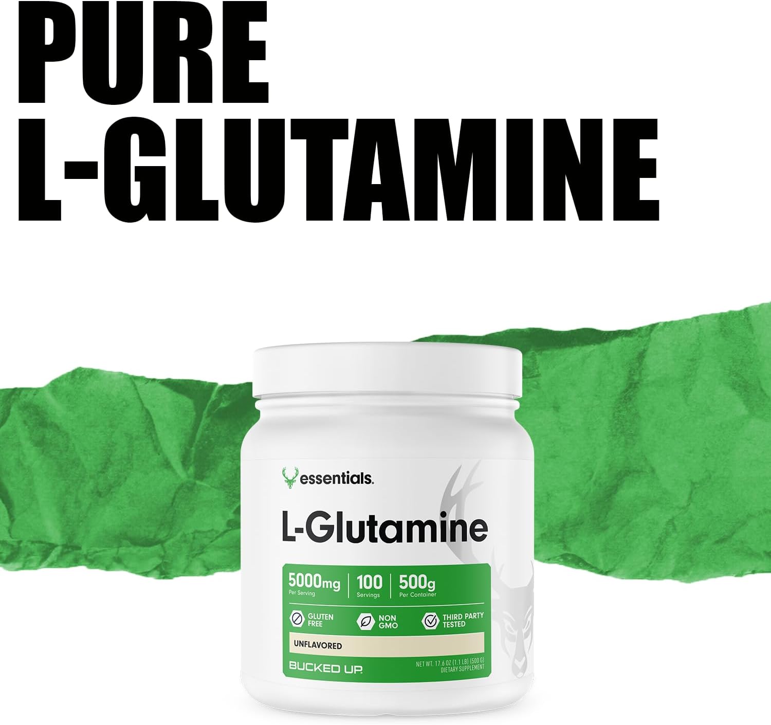 Unflavored Bucked Up L-Glutamine Powder - 500g, Gluten-Free, Non-GMO (100 Servings)