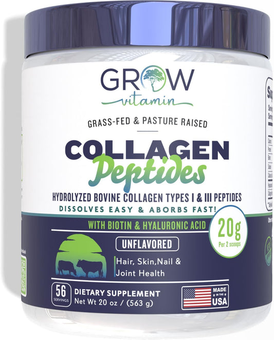 Unflavored Collagen Peptides Powder for Hair, Skin, Nail Health - Grass Fed Bovine Collagen Type I & III - 20 OZ, 56 Servings - Supports Bone & Joint Health