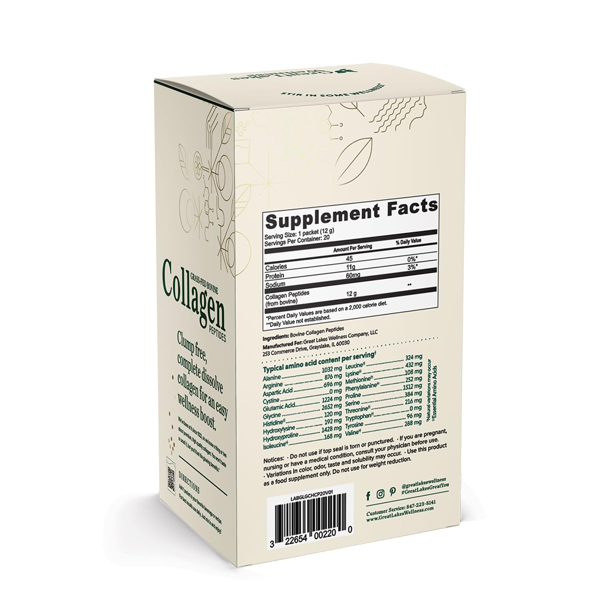 Unflavored Collagen Peptides Powder from Great Lakes Wellness - Hydrolyzed for Skin, Hair, Nails, Joints, & Digestion - Non-GMO, Keto, Kosher - 20 Quick Dissolve Sticks - BoostGo Australia