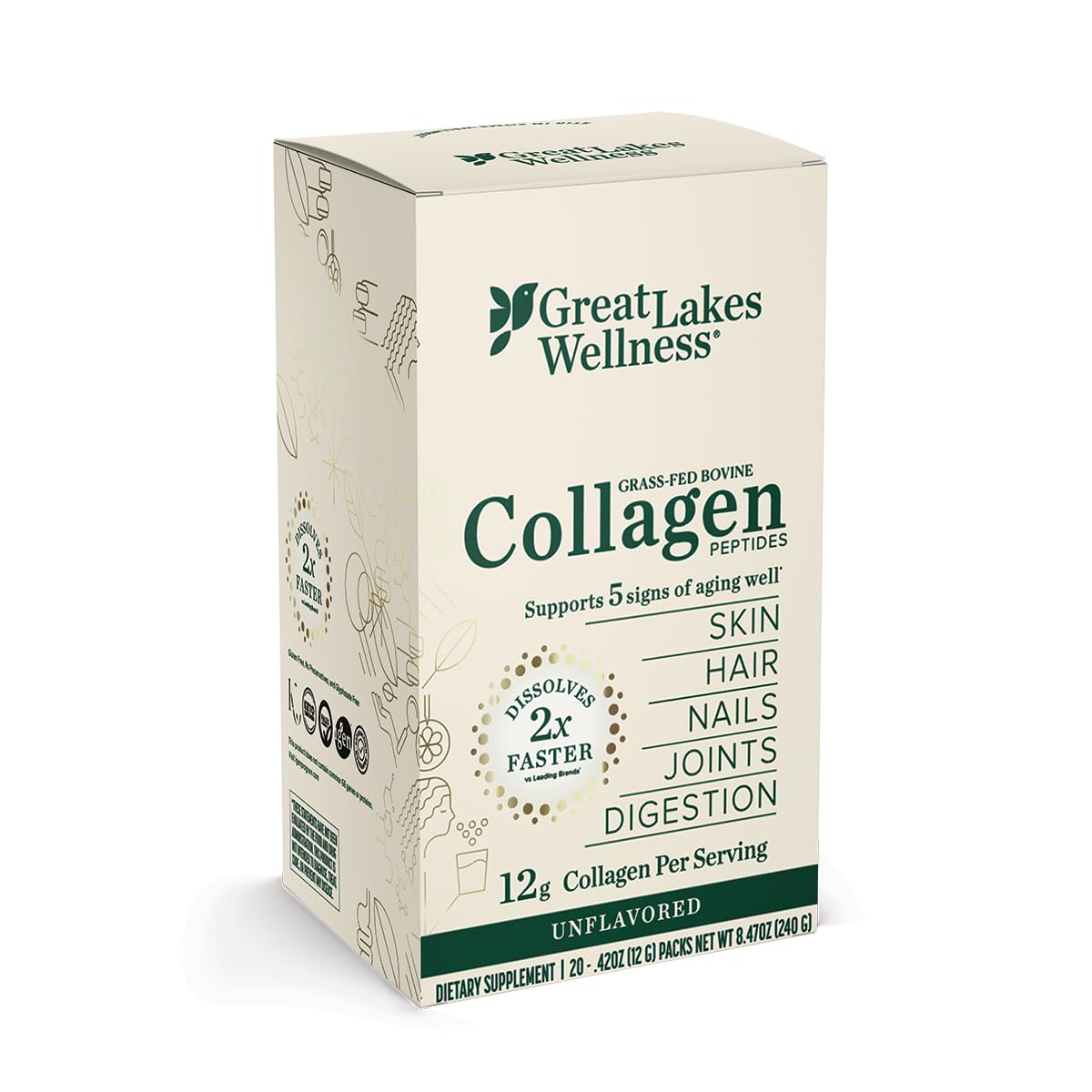 Unflavored Collagen Peptides Powder from Great Lakes Wellness - Hydrolyzed for Skin, Hair, Nails, Joints, & Digestion - Non-GMO, Keto, Kosher - 20 Quick Dissolve Sticks - BoostGo Australia