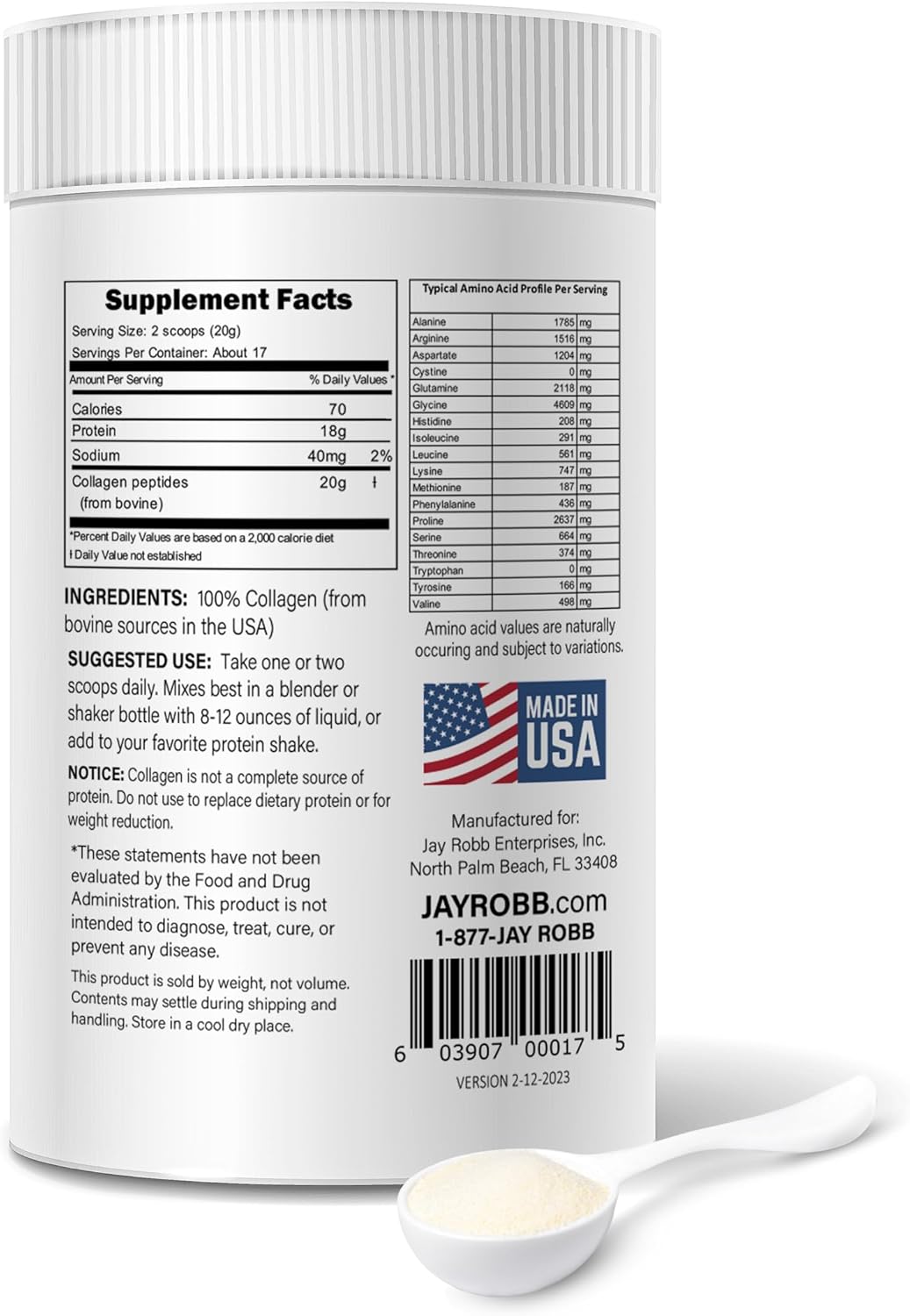 Unflavored JAYROBB Collagen Peptides for Hair, Skin, Nails & Joints - Hydrolyzed Grass-Fed Protein Powder Supplement