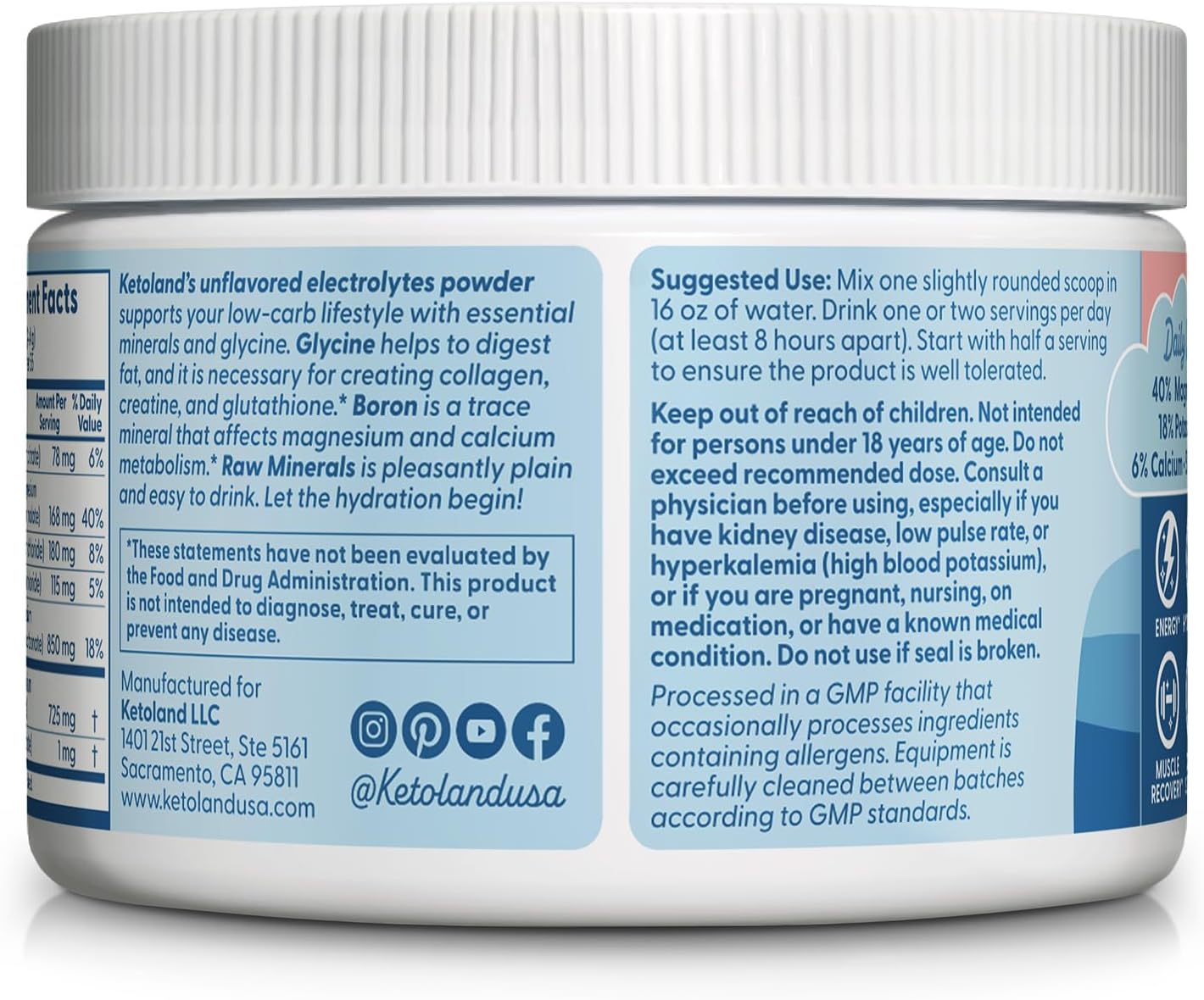 Unflavored Keto Electrolytes Powder with Raw Minerals and Glycine - No Sugar or Fillers