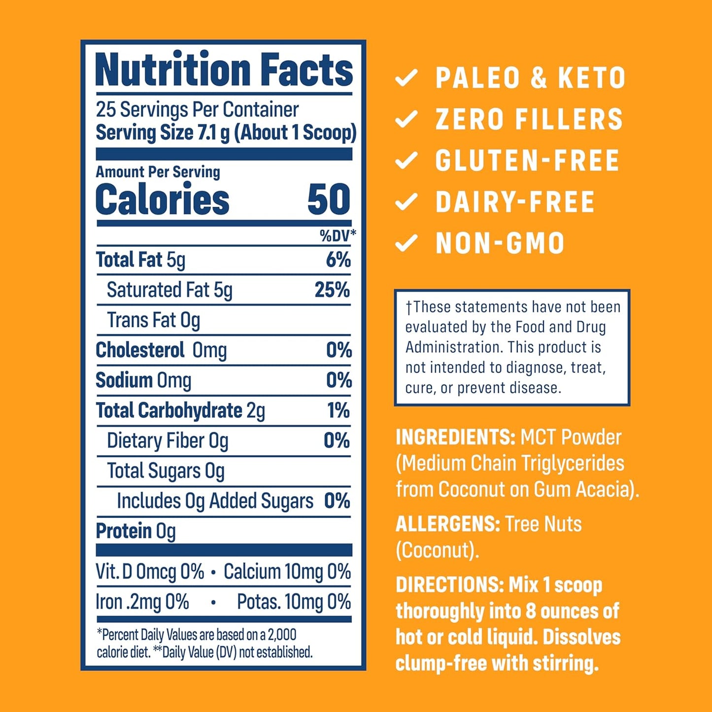 Unflavored MCT Oil Powder Supplement with Keto-Friendly C8 MCTs - Dairy, Gluten, and GMO-Free, 25 Servings