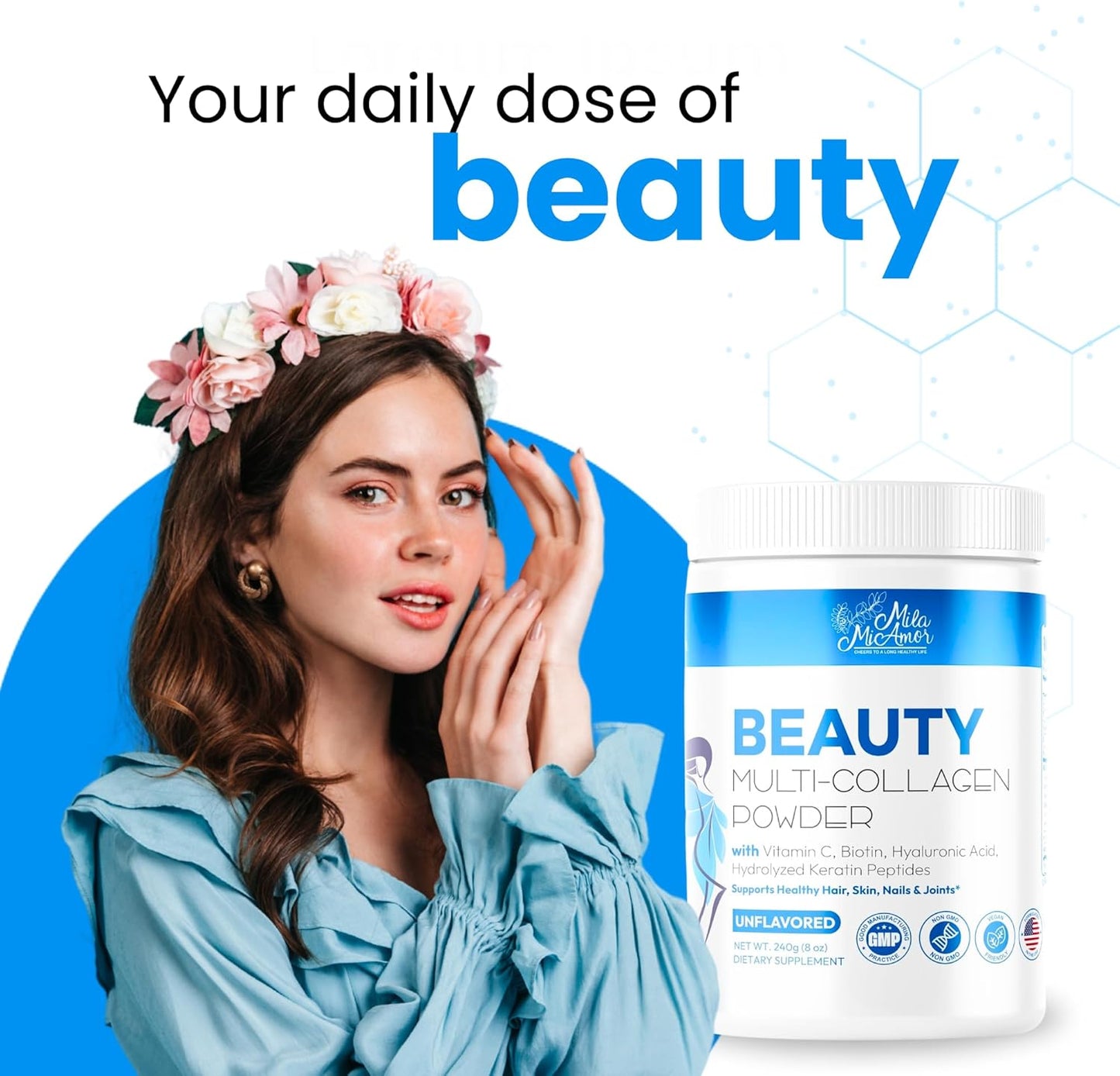 Unflavored Multi Collagen Powder with Vitamin C, Biotin, Hyaluronic Acid & Keratin - 8oz, 30 Servings - Non-GMO, Gluten-Free Collagen Supplements