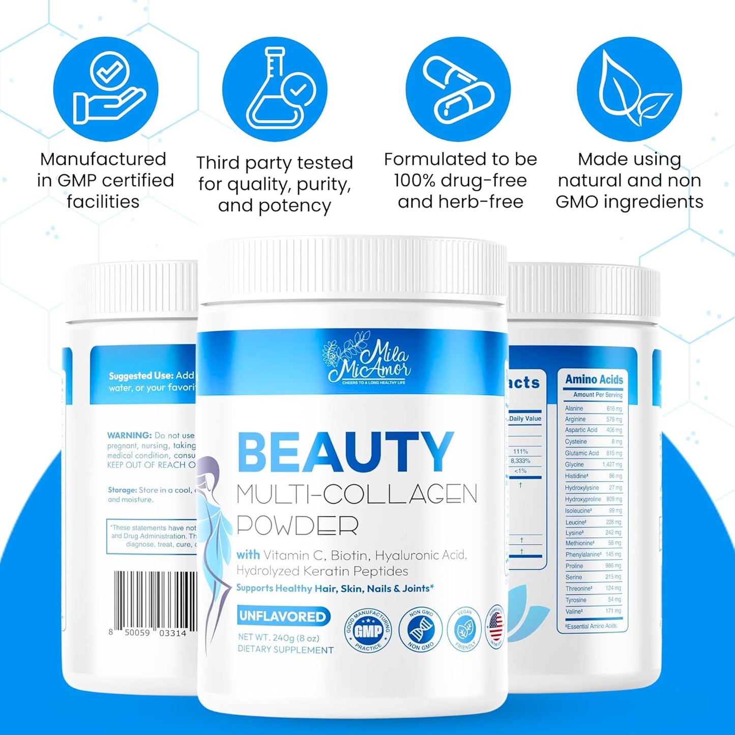 Unflavored Multi Collagen Powder with Vitamin C, Biotin, Hyaluronic Acid & Keratin - 8oz, 30 Servings - Non-GMO, Gluten-Free Collagen Supplements