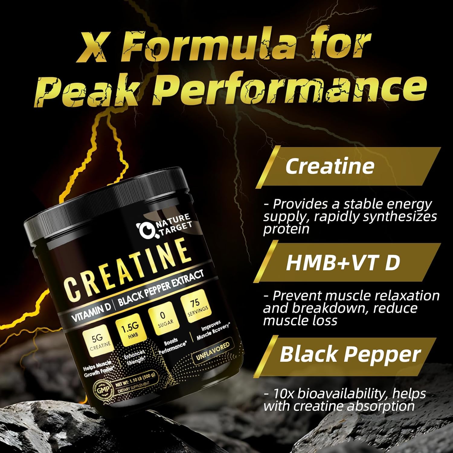 Unflavored NATURE TARGET Creatine Supplement for Women and Men - Pure and Powerful Performance Enhancer