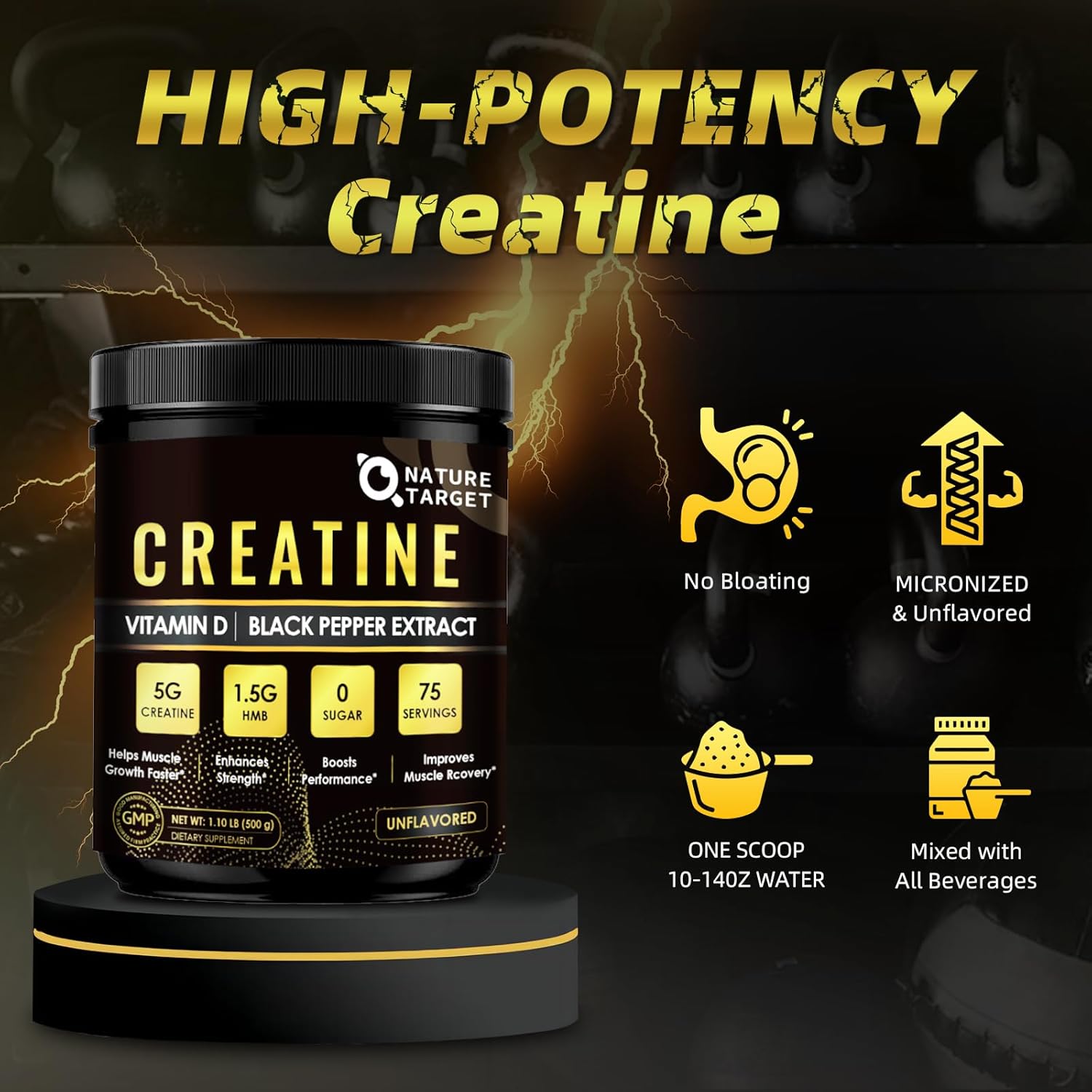 Unflavored NATURE TARGET Creatine Supplement for Women and Men - Pure and Powerful Performance Enhancer