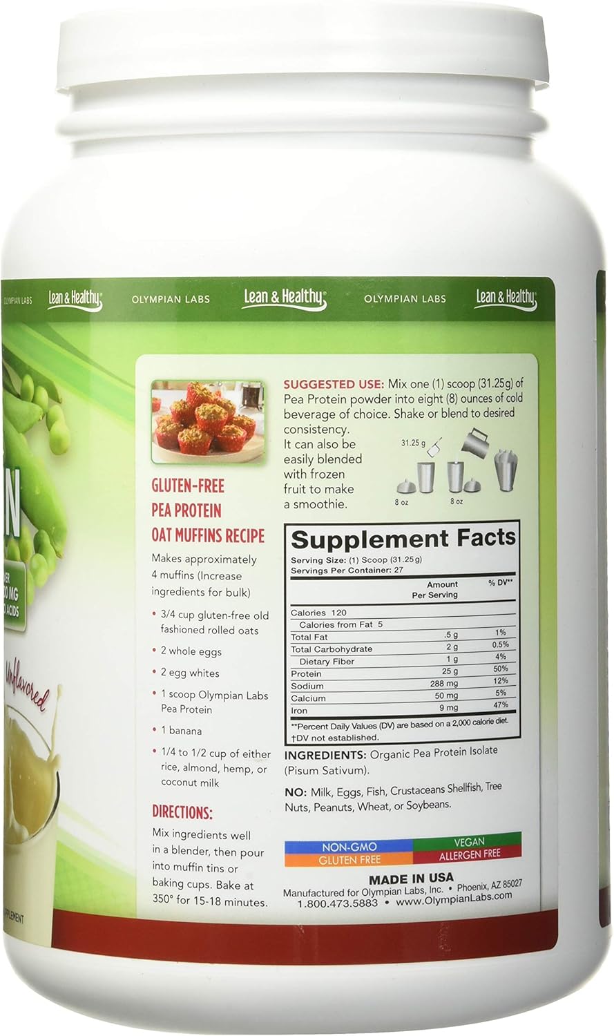 Unflavored Plant Based Pea Protein Powder - 25g Protein, Vegan, Low Carb, Gluten Free, Lactose Free, No Sugar, Soy Free, Kosher, Non-GMO - 2lb