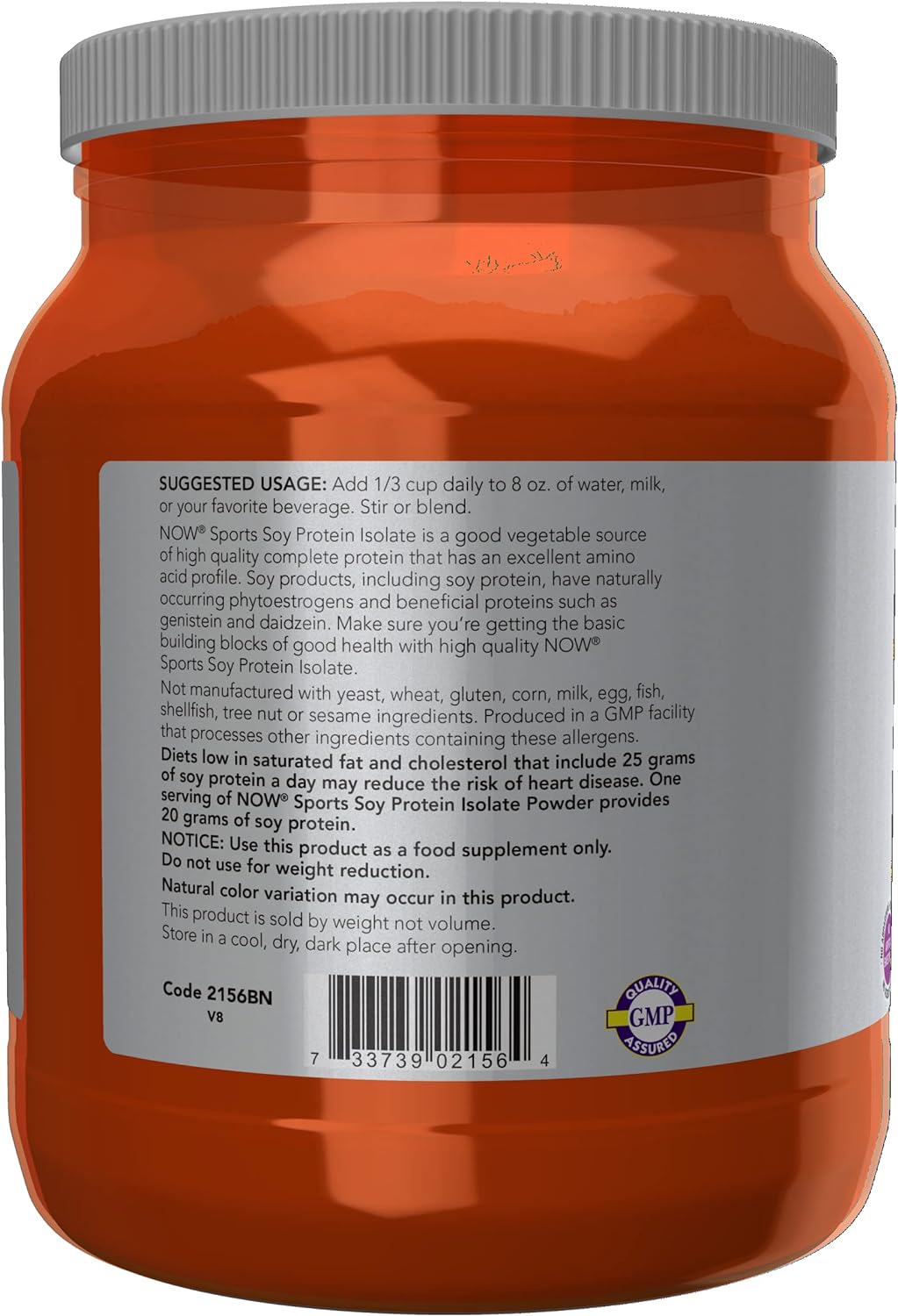 Unflavored Soy Protein Isolate Powder for Sports Nutrition - 20g Protein, 0 Carbs - 1.2lb by NOW Foods
