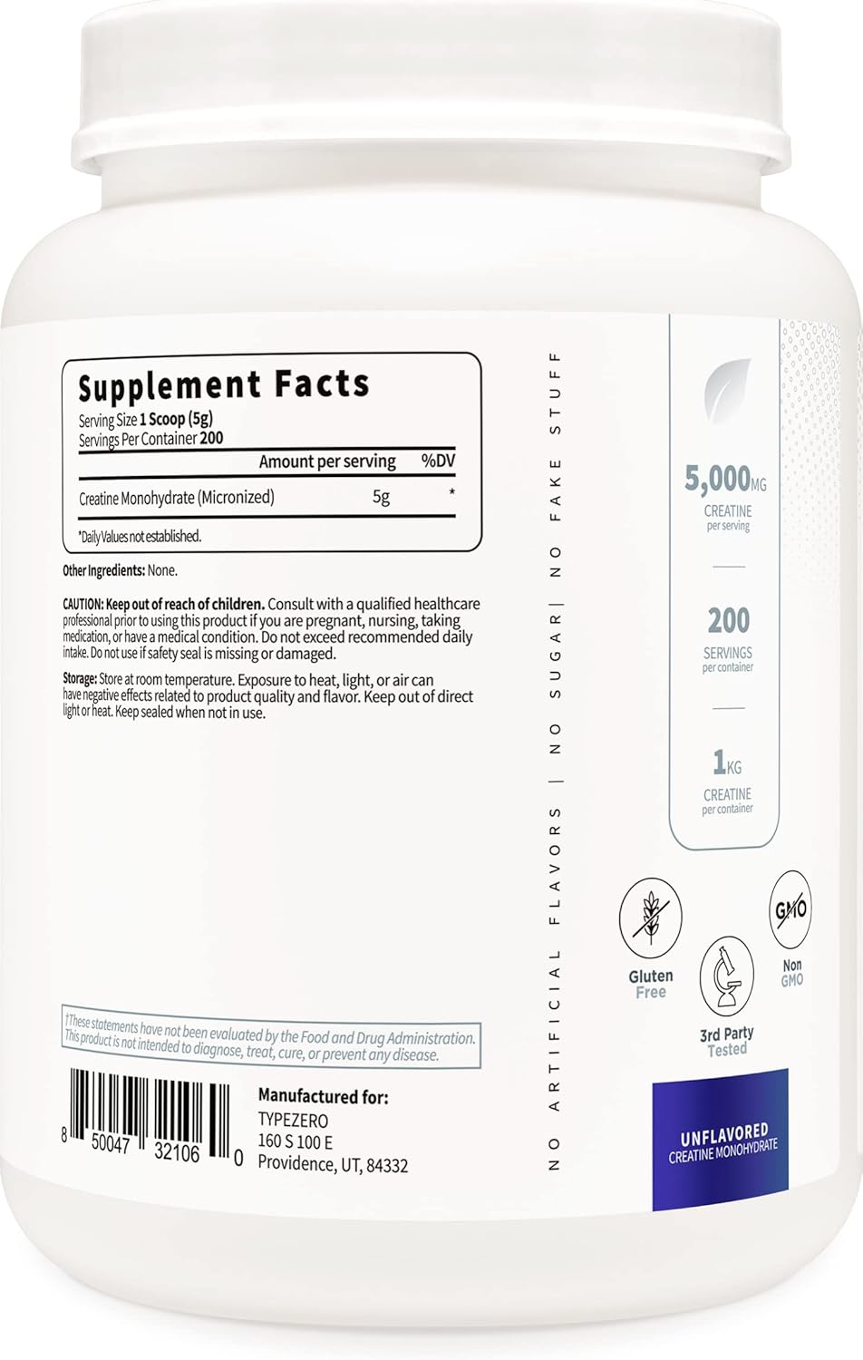 Unflavored Type Zero Creatine Monohydrate Powder - 1 KG, Micronized, 5000mg (5g) Per Serving, Zero Sugar, Keto & Gluten Free - 200 Servings - BoostGo Australia