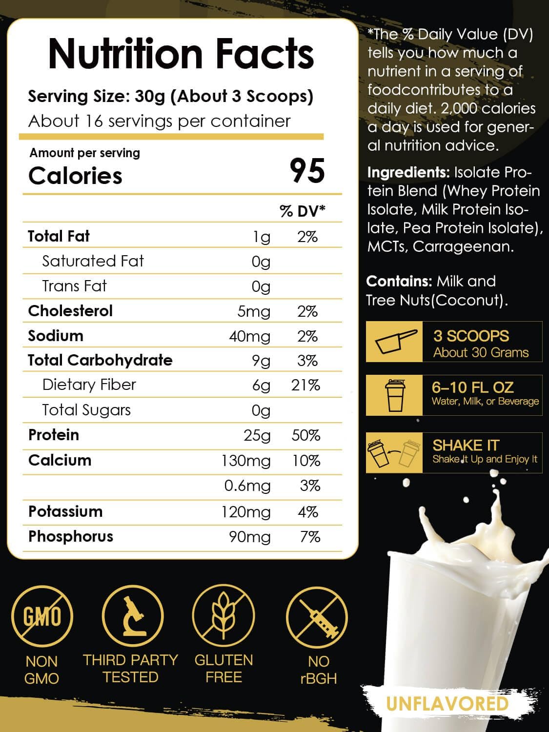 Unflavored Whey Isolate Protein Powder with 25g Protein, Low Carb & Sugar-Free for Men & Women - 500g
