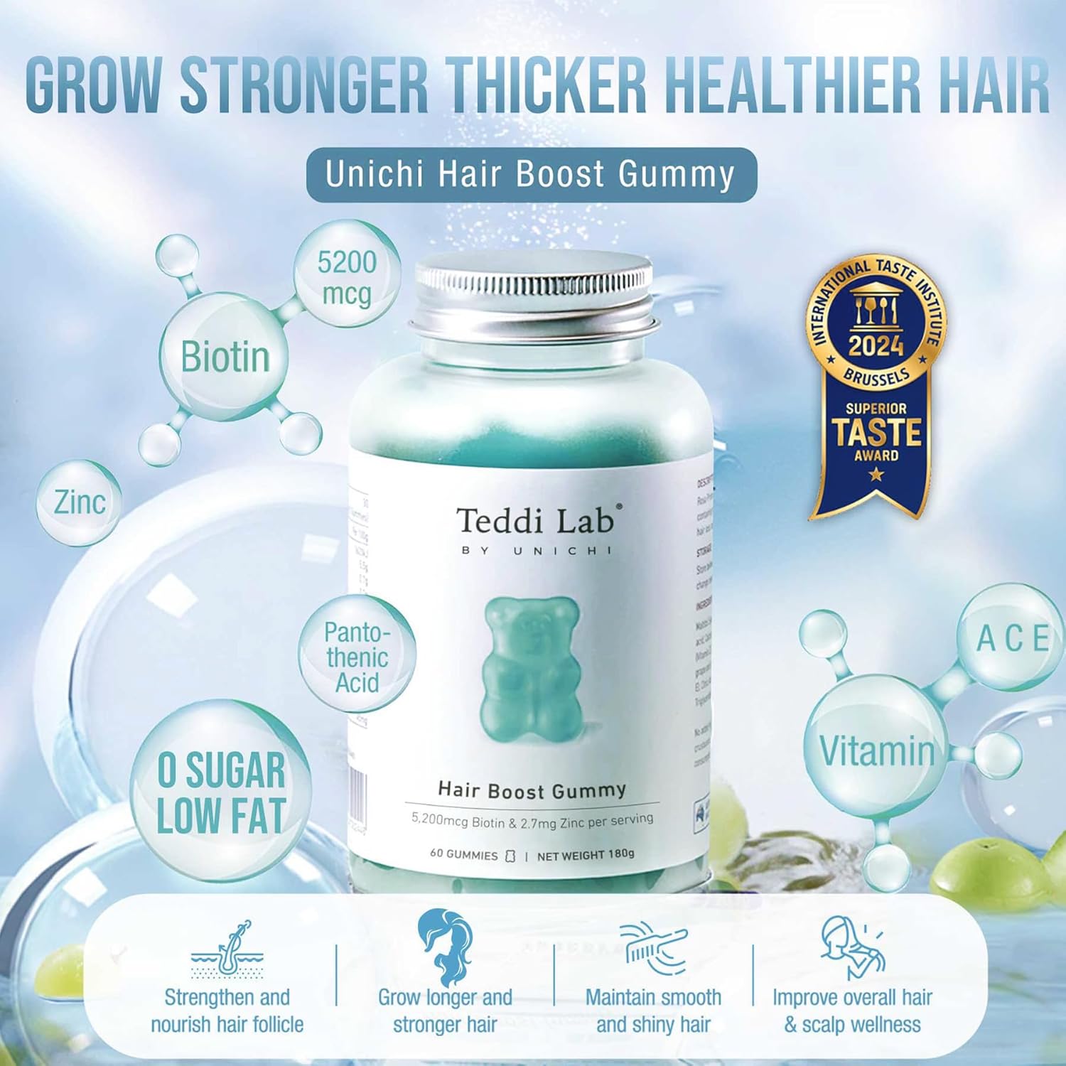 Unichi Hair Boost Gummy with 5200mcg Biotin, Zinc, and Pantothenic Acid for Stronger Hair - Sea Salt & Green Grape Flavor, 60 Count