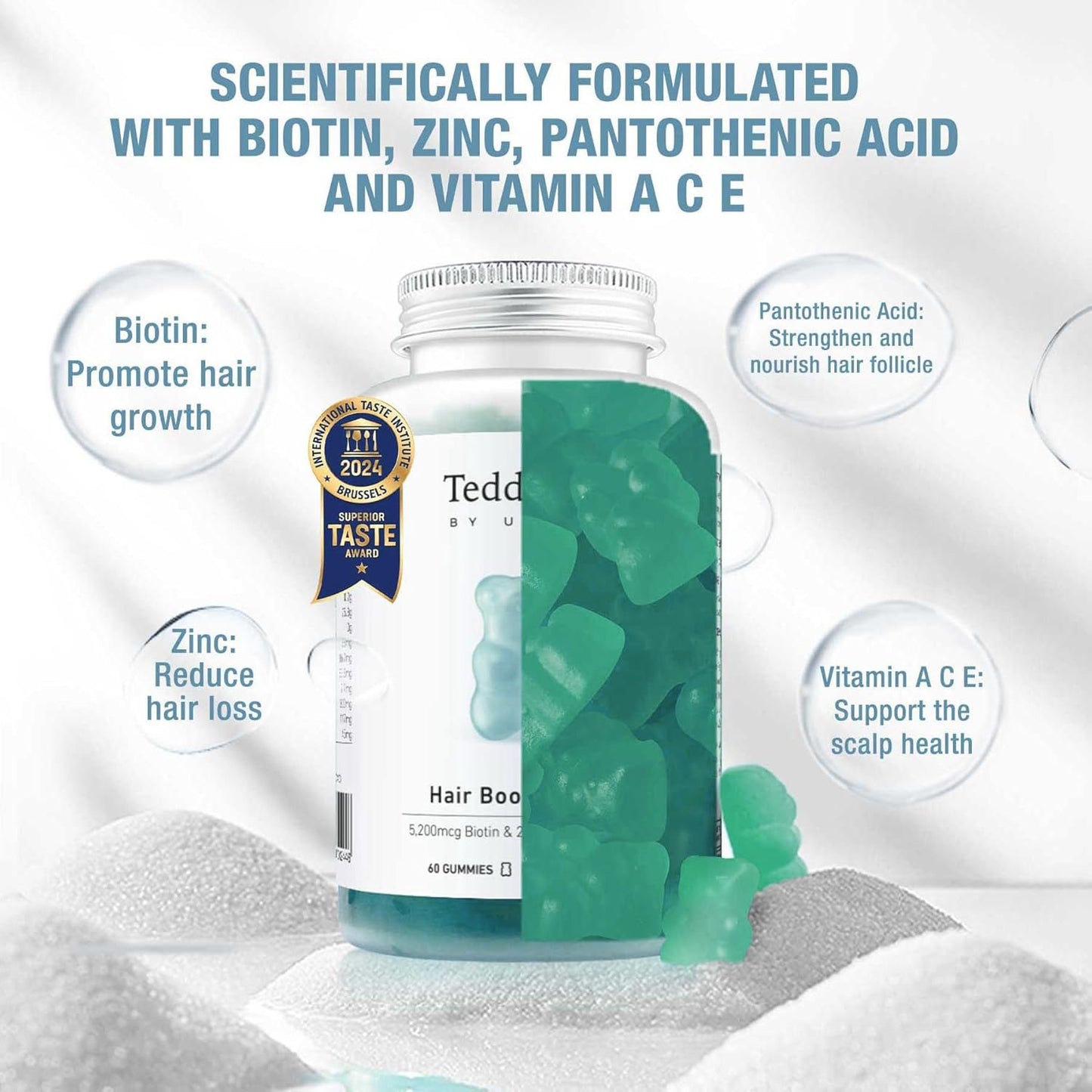 Unichi Hair Boost Gummy with 5200mcg Biotin, Zinc, and Pantothenic Acid for Stronger Hair - Sea Salt & Green Grape Flavor, 60 Count